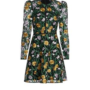 Monique Lhuillier Floral Puff-Sleeve Mesh Dress
